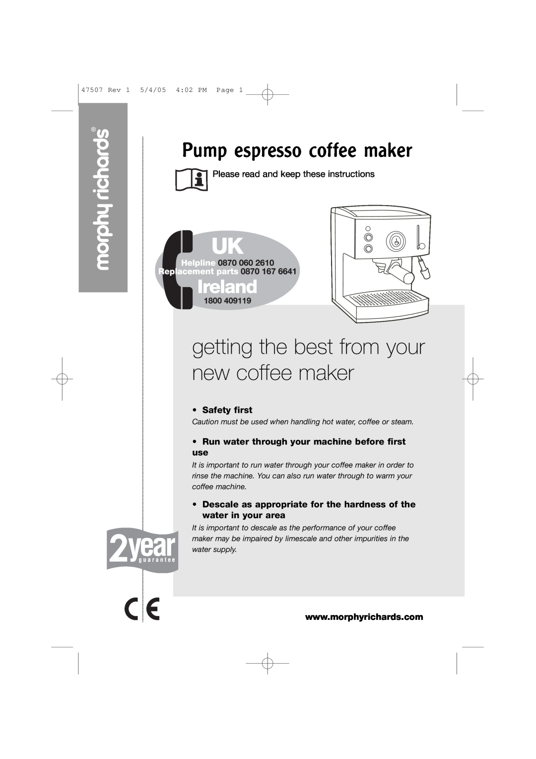 Morphy Richards CoffeMaker manual Pump espresso coffee maker, getting the best from your new coffee maker, Safety first 