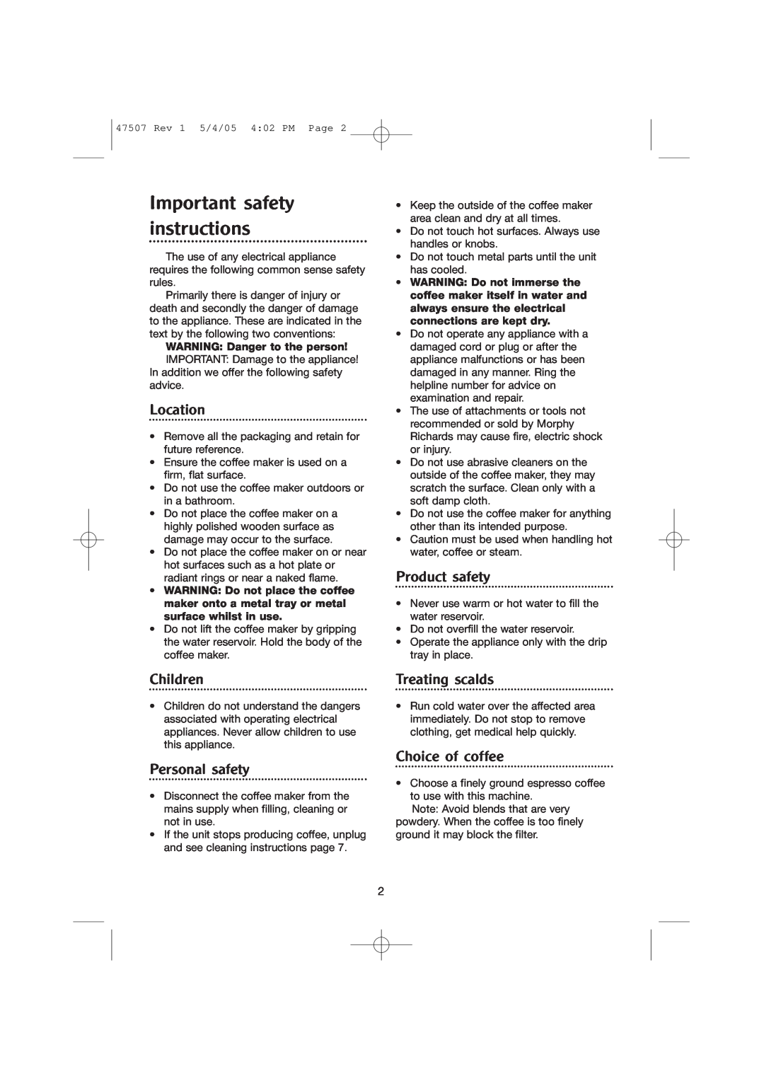 Morphy Richards CoffeMaker manual Important safety instructions, Location, Children, Personal safety, Product safety 