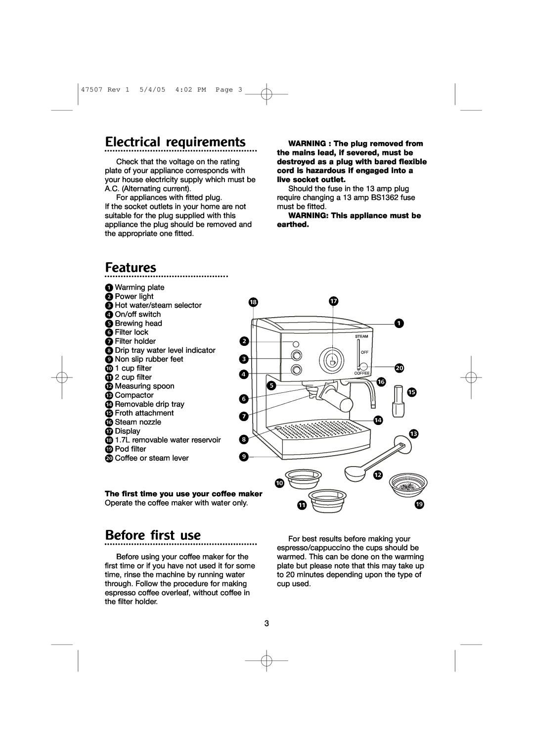 Morphy Richards CoffeMaker manual Electrical requirements, Features, Before first use 
