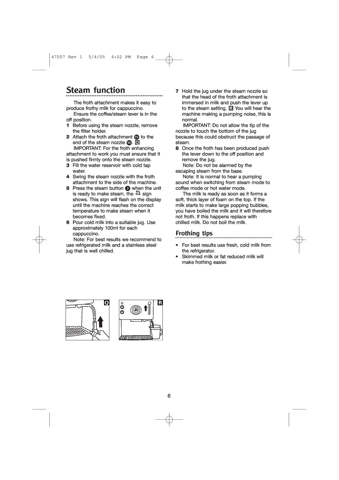 Morphy Richards CoffeMaker manual Steam function, Frothing tips 