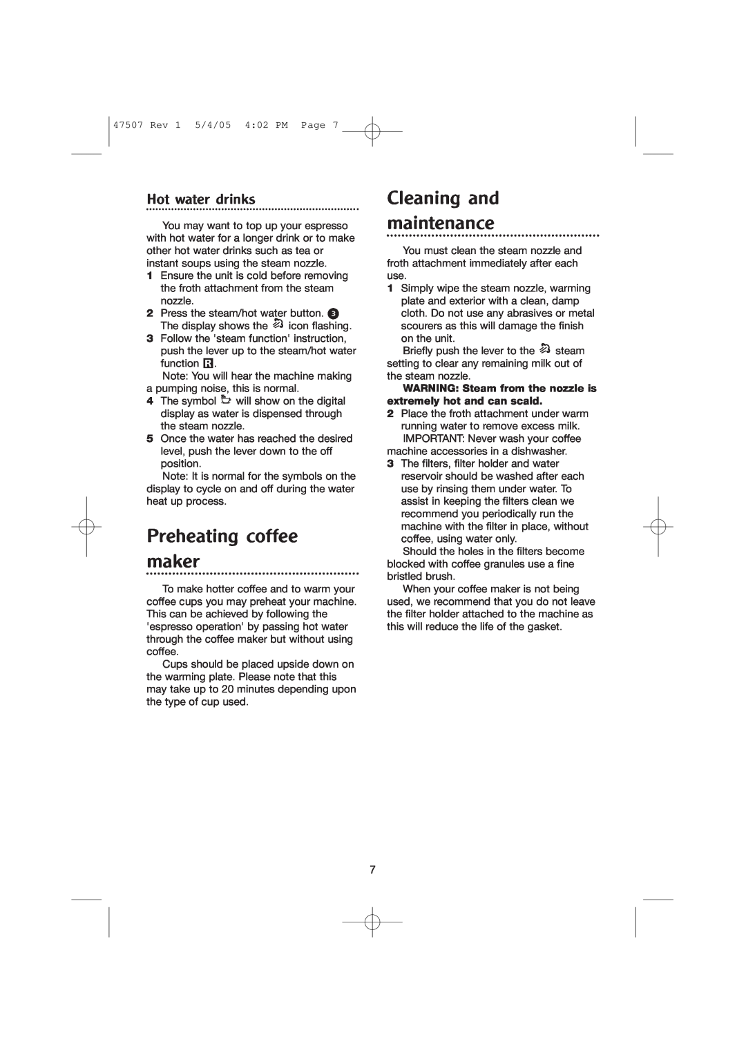 Morphy Richards CoffeMaker manual Preheating coffee maker, Cleaning and maintenance, Hot water drinks 