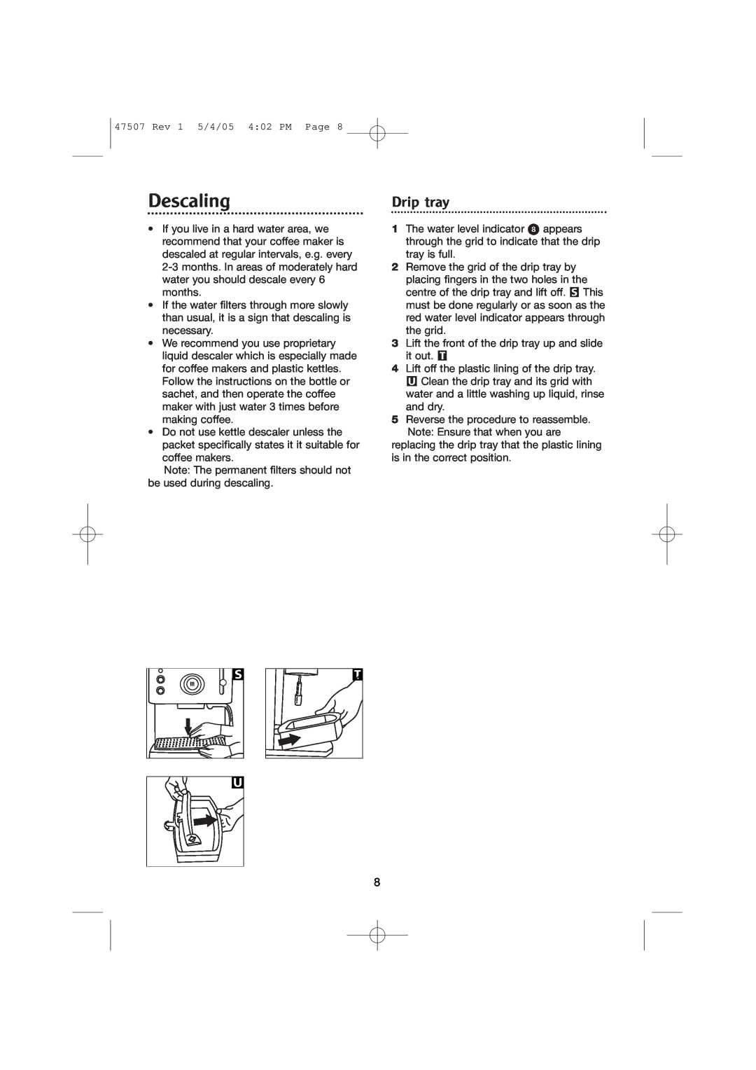 Morphy Richards CoffeMaker manual Descaling, Drip tray 