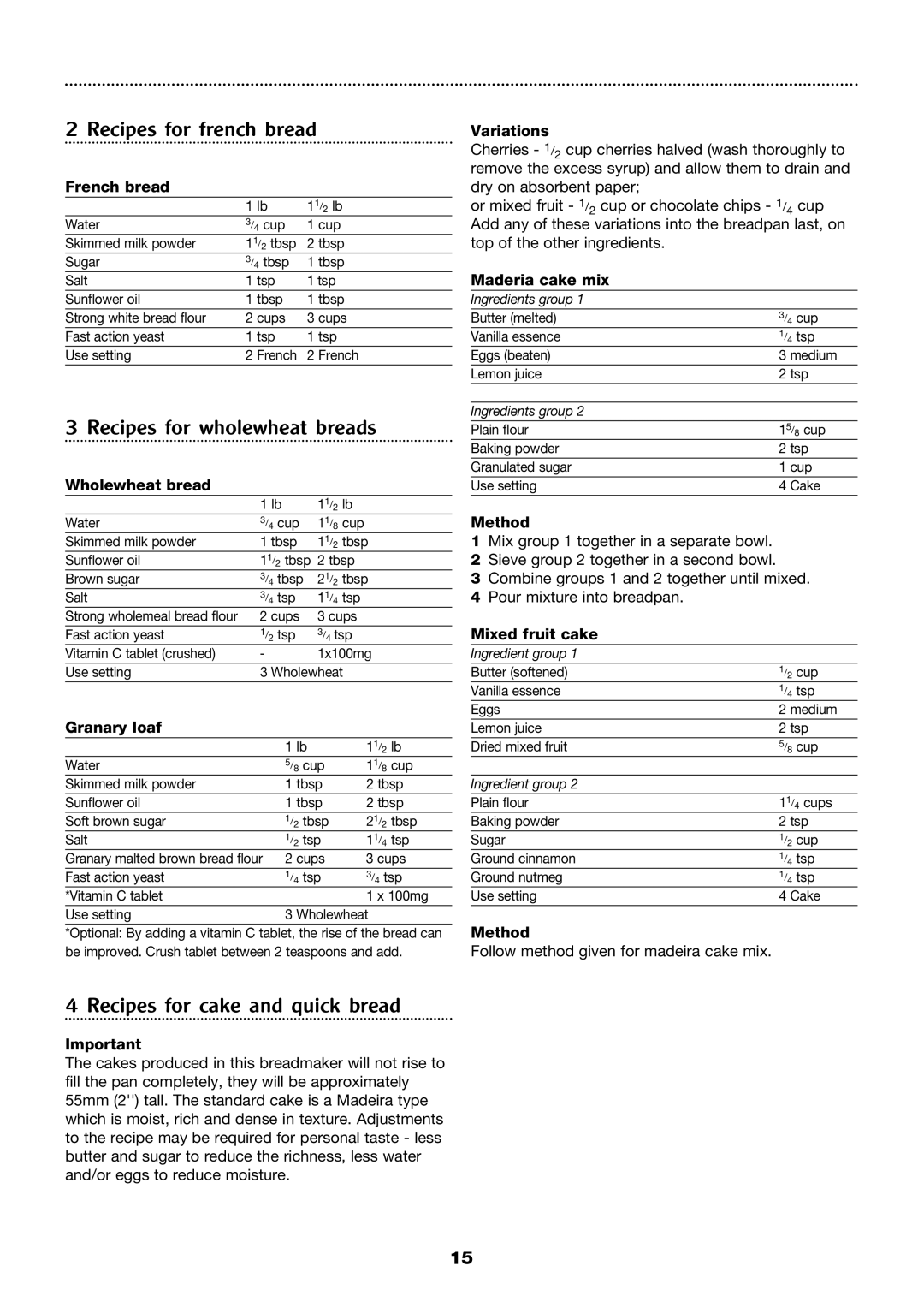 Morphy Richards Compact breadmaker manual Recipes for french bread, Recipes for wholewheat breads 