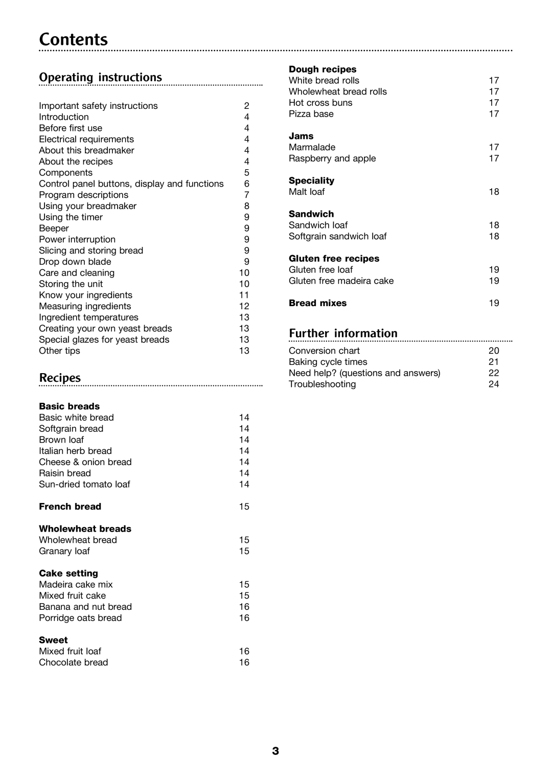 Morphy Richards Compact breadmaker manual Contents 