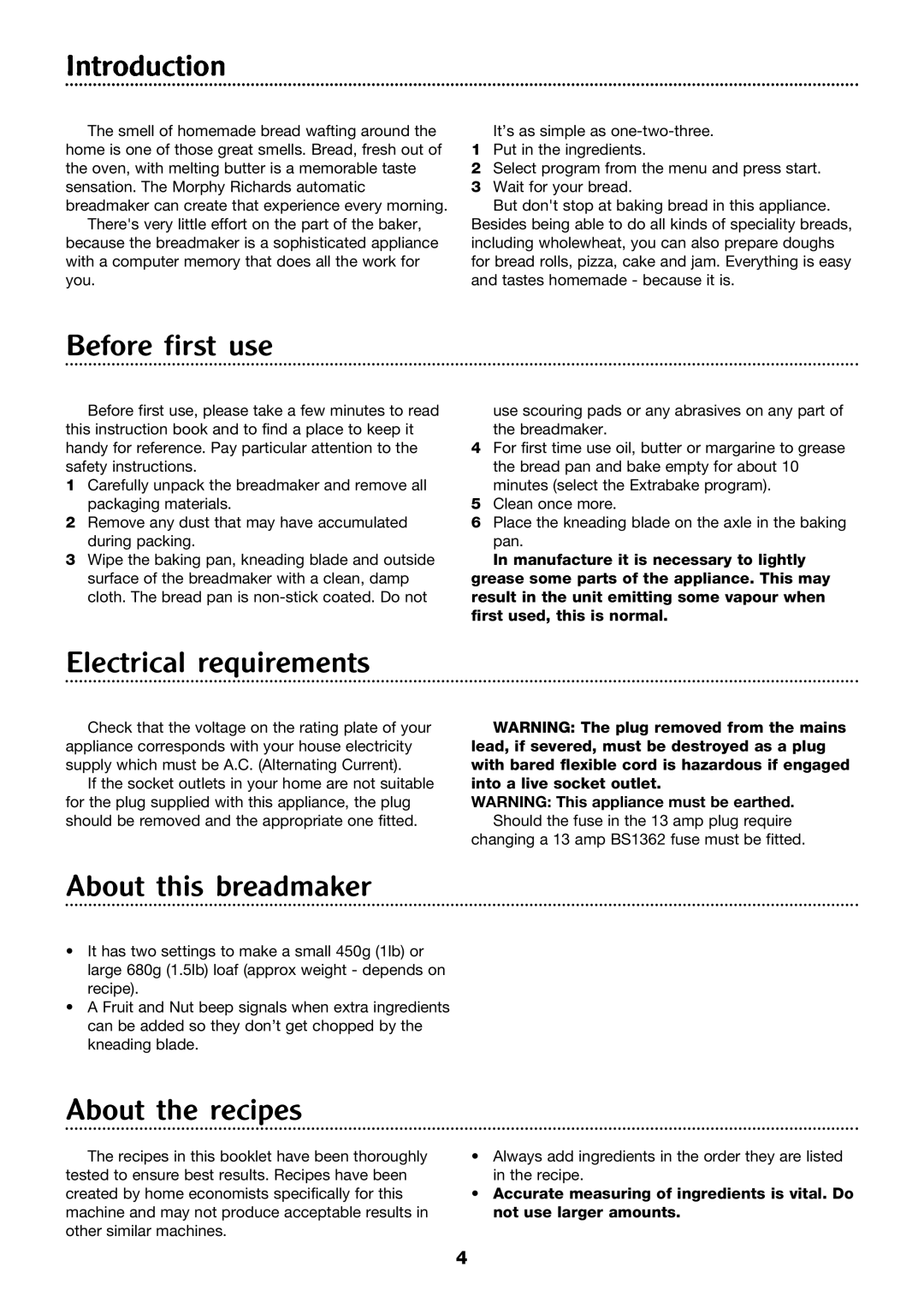 Morphy Richards Compact breadmaker manual Introduction, Before first use, Electrical requirements, About this breadmaker 