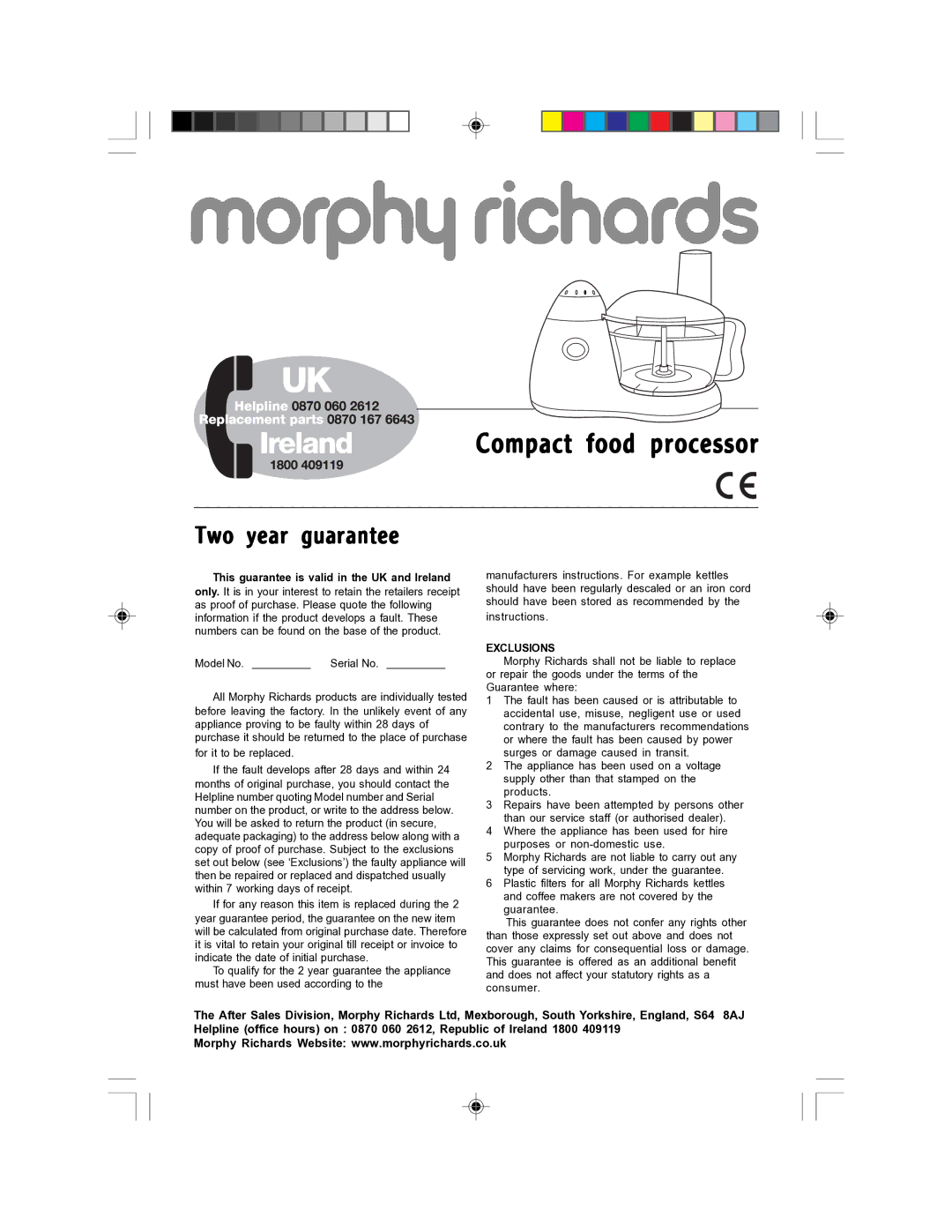 Morphy Richards Compact Food Processor manual Compact food processor, Two year guarantee 