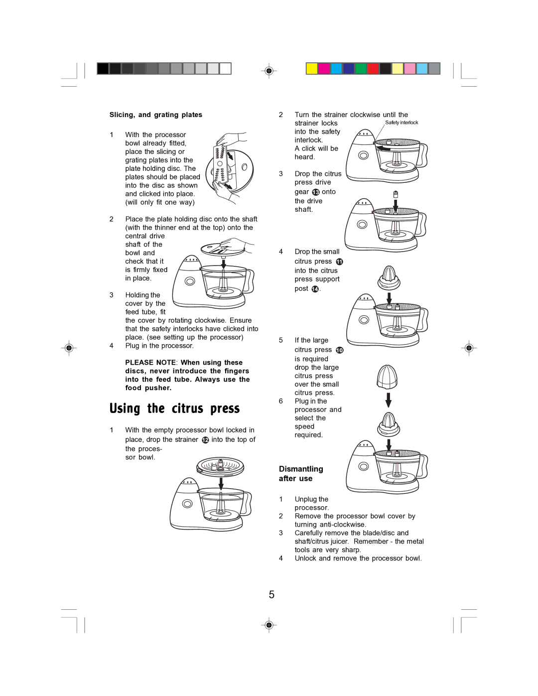 Morphy Richards Compact Food Processor manual Using the citrus press, Dismantling after use, Slicing, and grating plates 