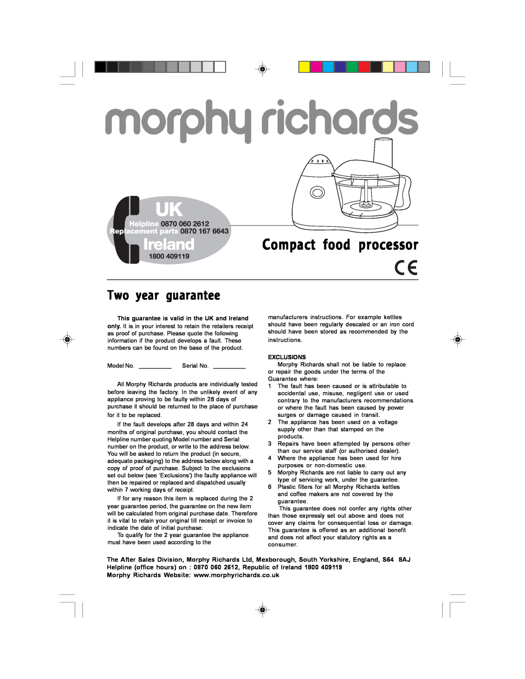 Morphy Richards Compact Food Processor manual Two year guarantee, Compact food processor, Exclusions 