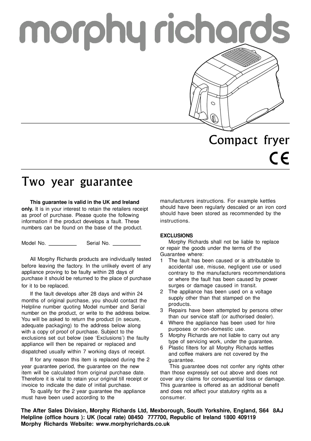 Morphy Richards Compact Fryer manual Compact fryer Two year guarantee 