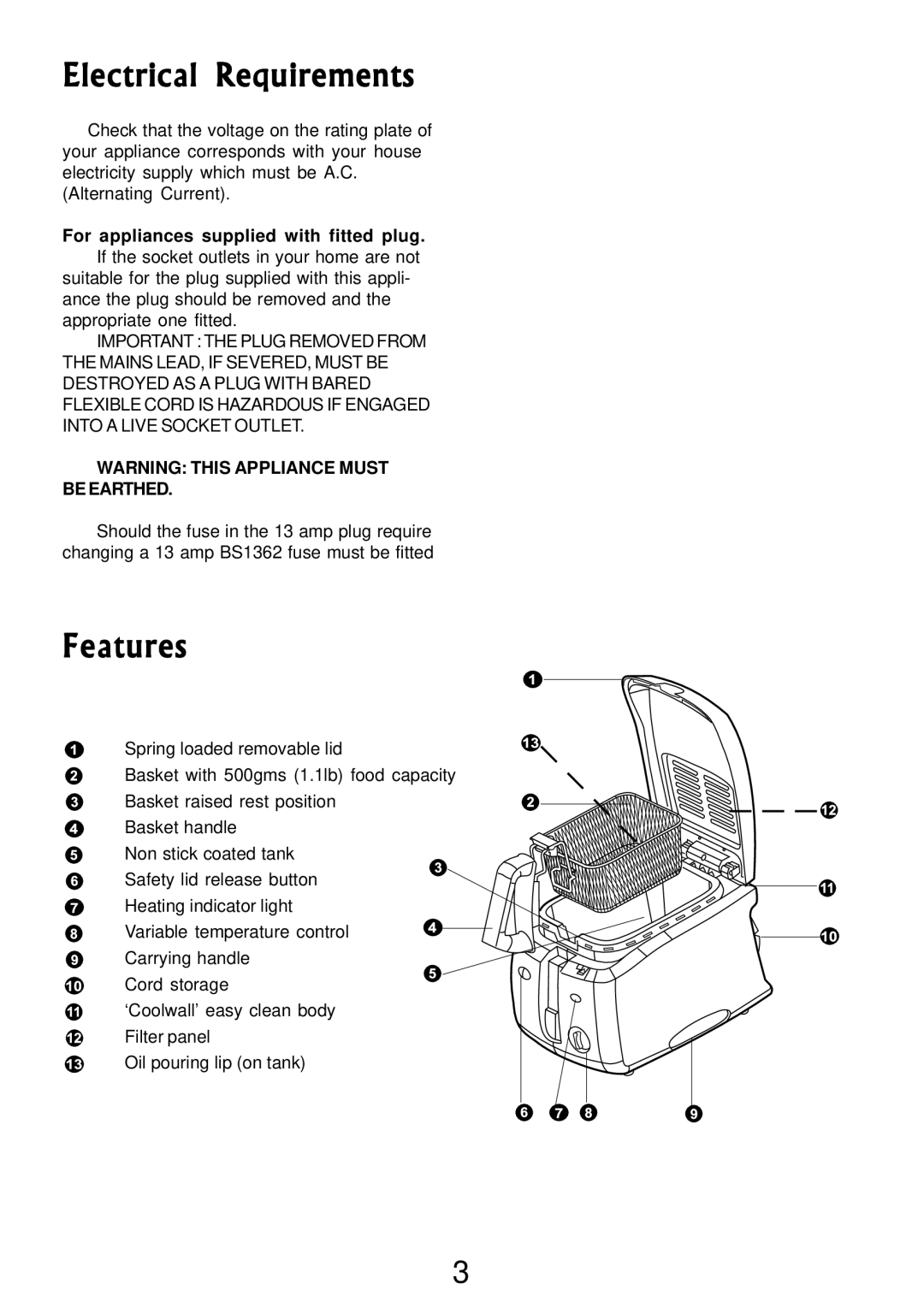 Morphy Richards Compact Fryer manual Electrical Requirements, Features 