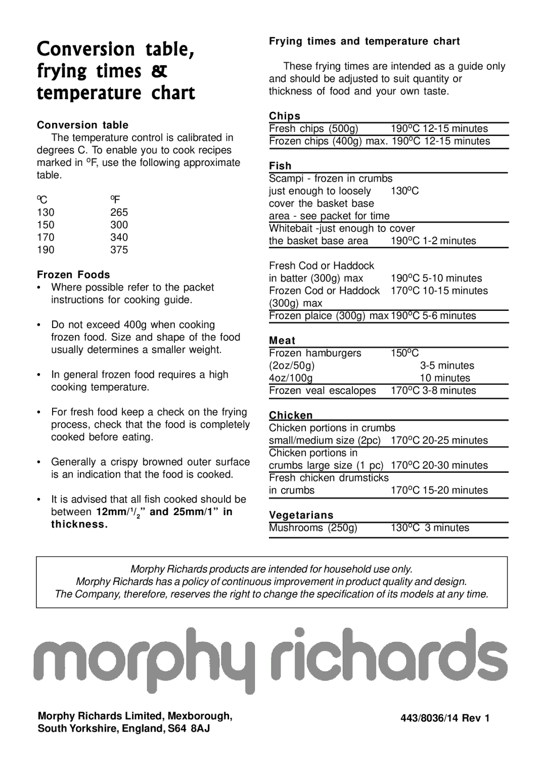 Morphy Richards Compact Fryer manual Conversion table, frying times & temperature chart 