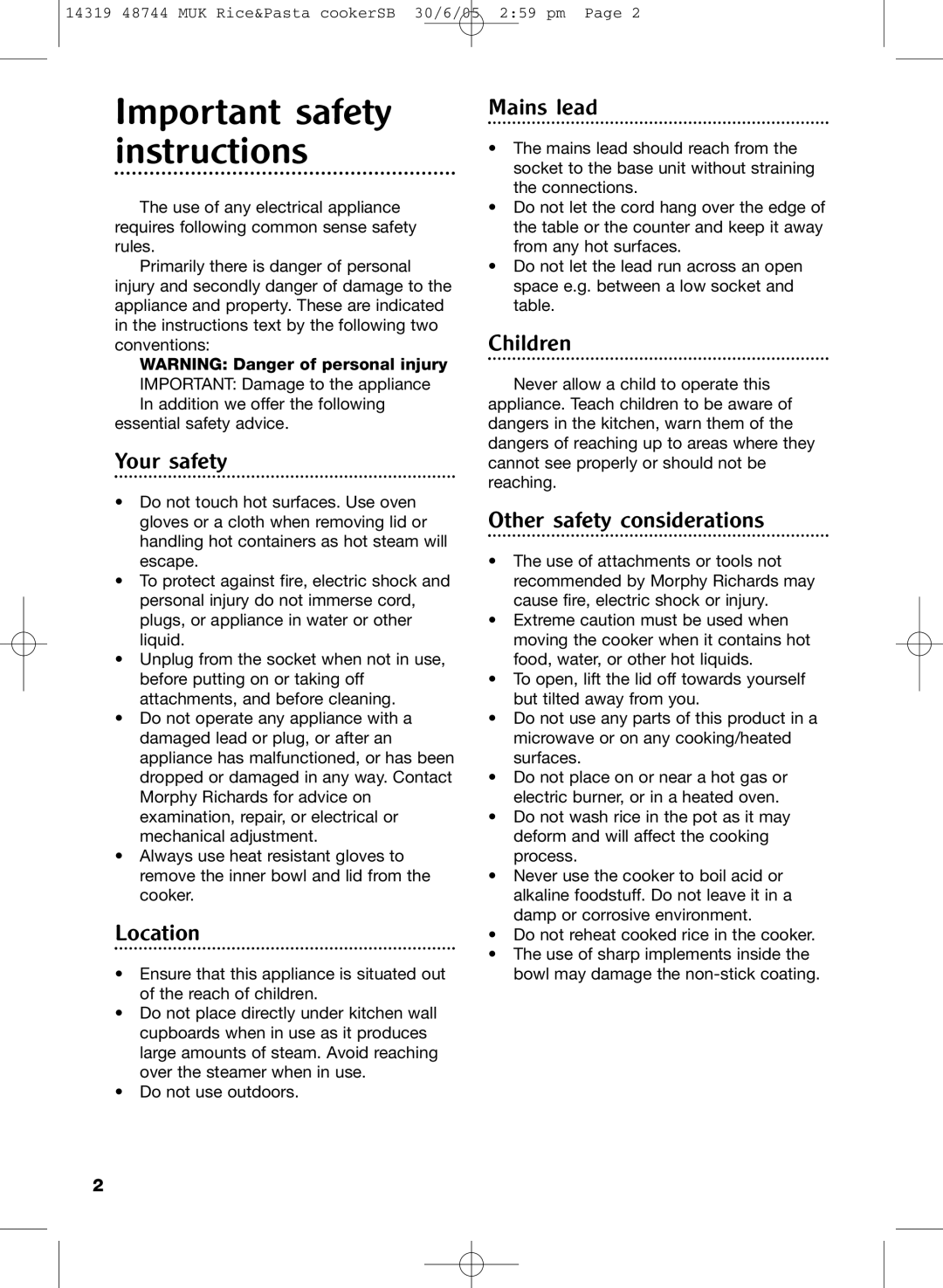 Morphy Richards cooker manual Important safety instructions 