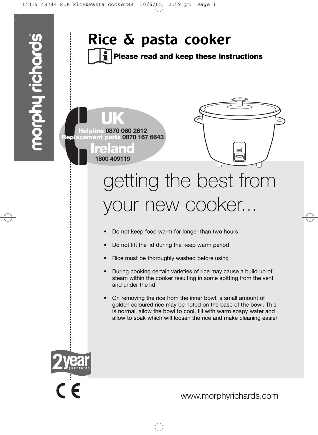 Morphy Richards manual getting the best from your new cooker, Rice & pasta cooker 