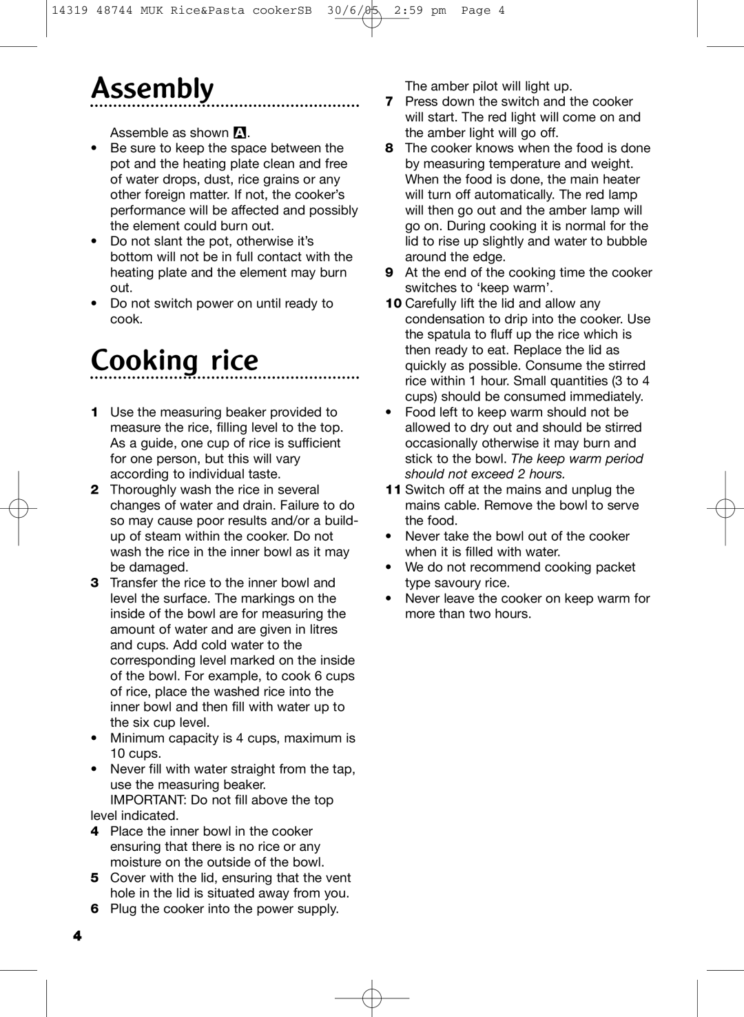 Morphy Richards cooker manual Assembly, Cooking rice 