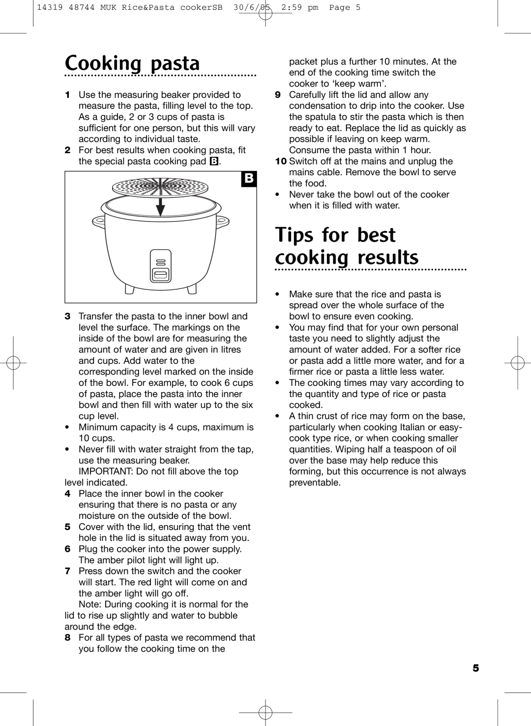 Morphy Richards cooker manual Cooking pasta, Tips for best cooking results 