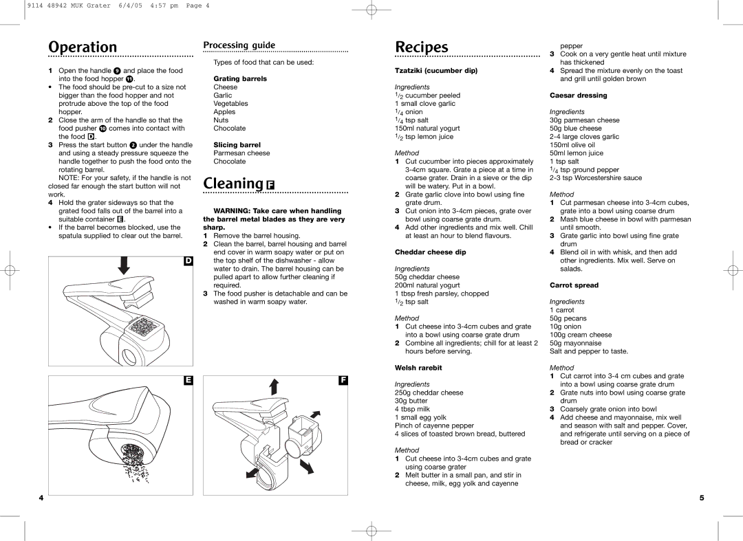 Morphy Richards Cordless grater manual Operation, Cleaning F, Recipes, Processing guide 