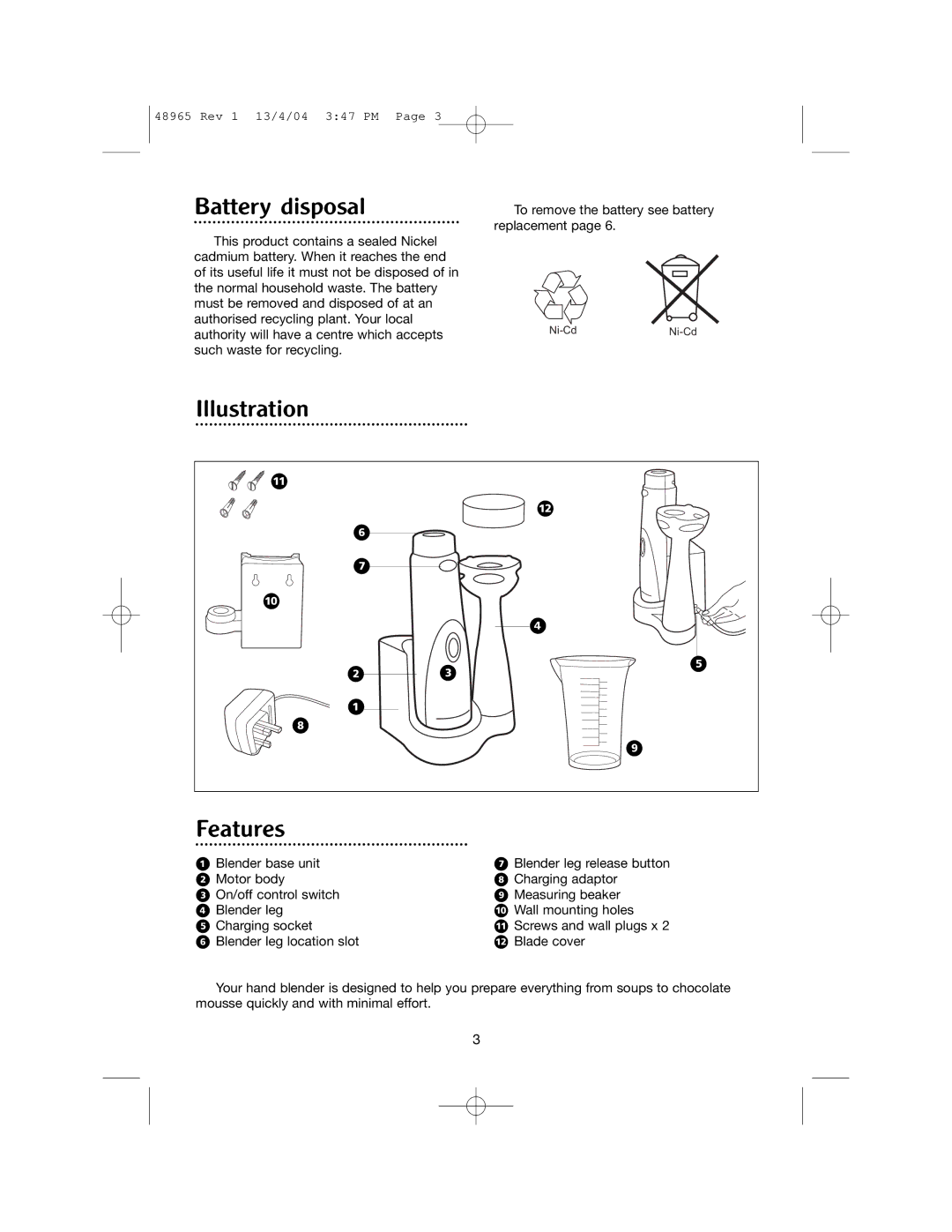 Morphy Richards Cordless hand blender manual Battery disposal, Illustration Features 