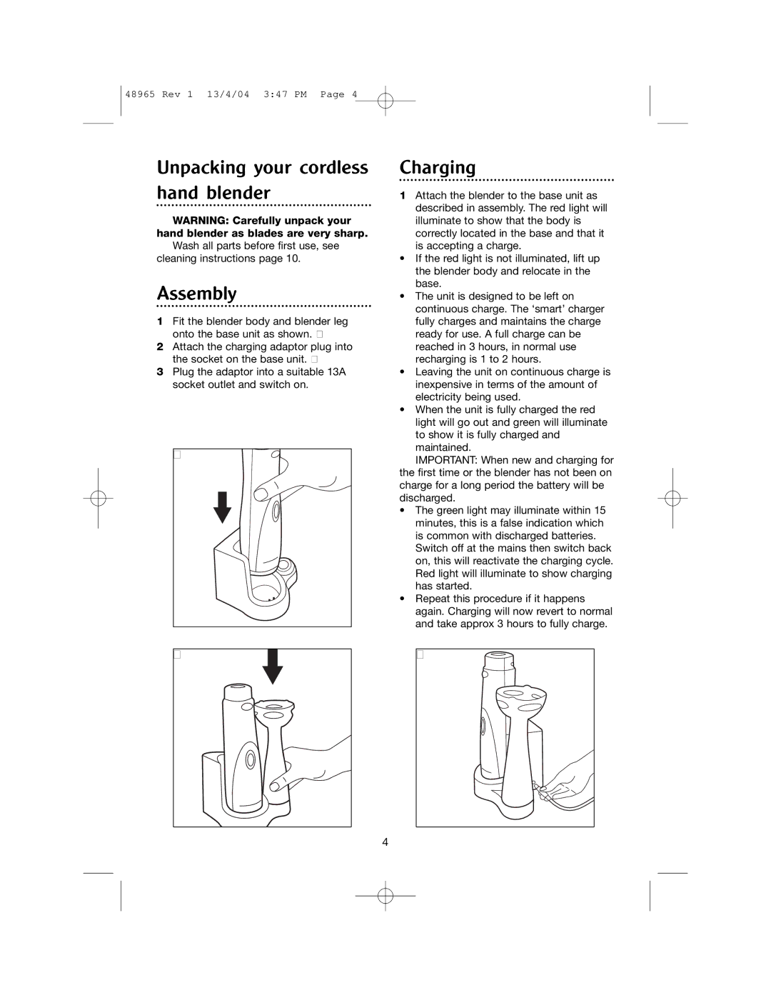 Morphy Richards Cordless hand blender manual Unpacking your cordless hand blender, Assembly, Charging 