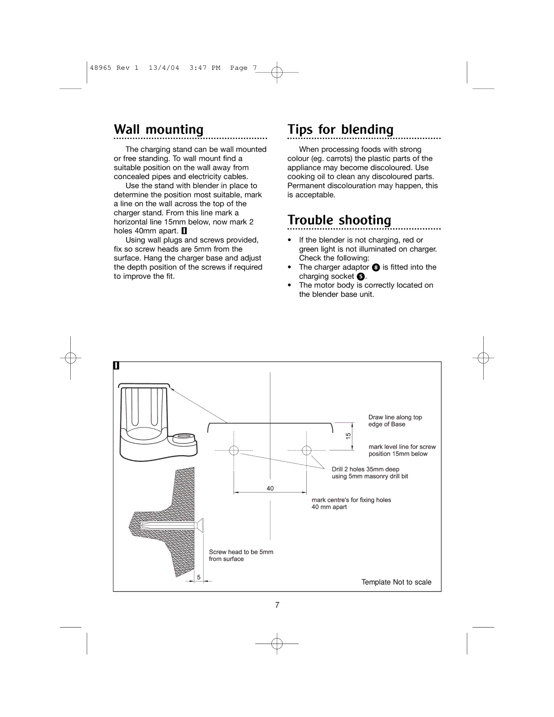 Morphy Richards Cordless hand blender manual Wall mounting, Tips for blending, Trouble shooting 