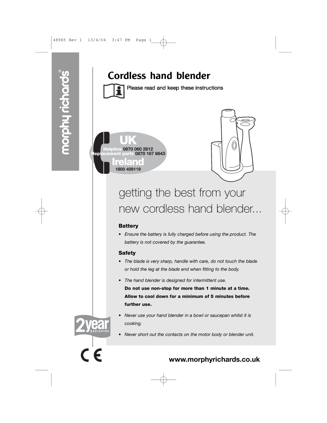 Morphy Richards Cordless hand blender manual getting the best from your new cordless hand blender, Battery, Safety 