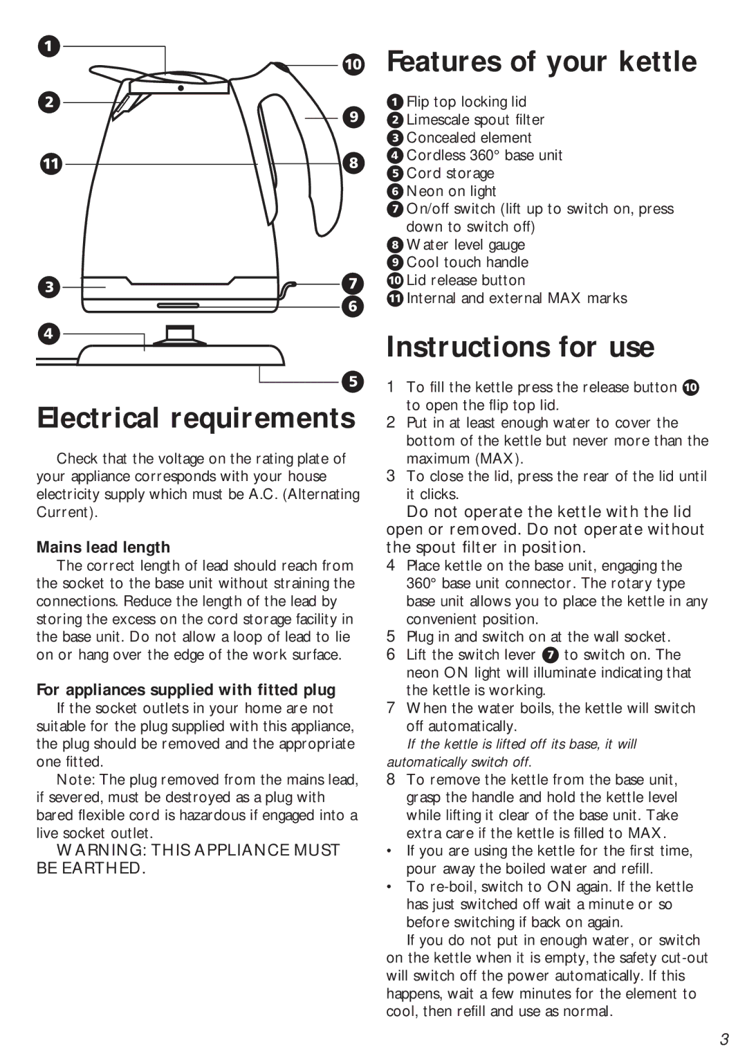 Morphy Richards Cordless stainless steel kettle manual Features of your kettle, Instructions for use, Mains lead length 