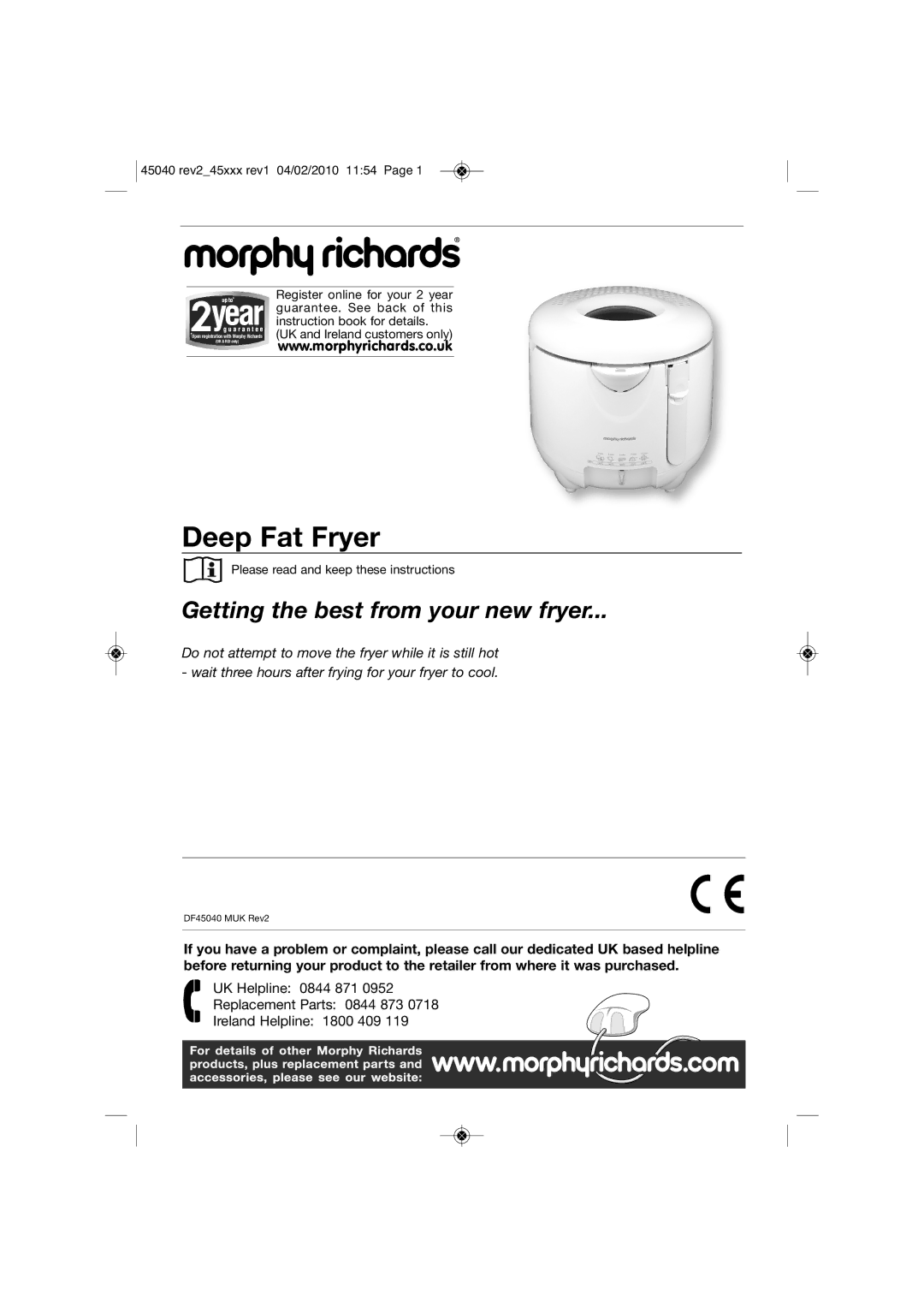 Morphy Richards DF45040 manual 45040 rev245xxx rev1 04/02/2010 1154, Please read and keep these instructions 