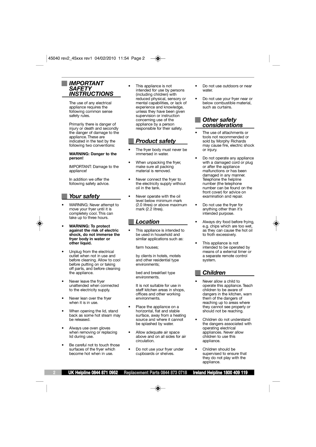 Morphy Richards DF45040 manual Important Safety Instructions 