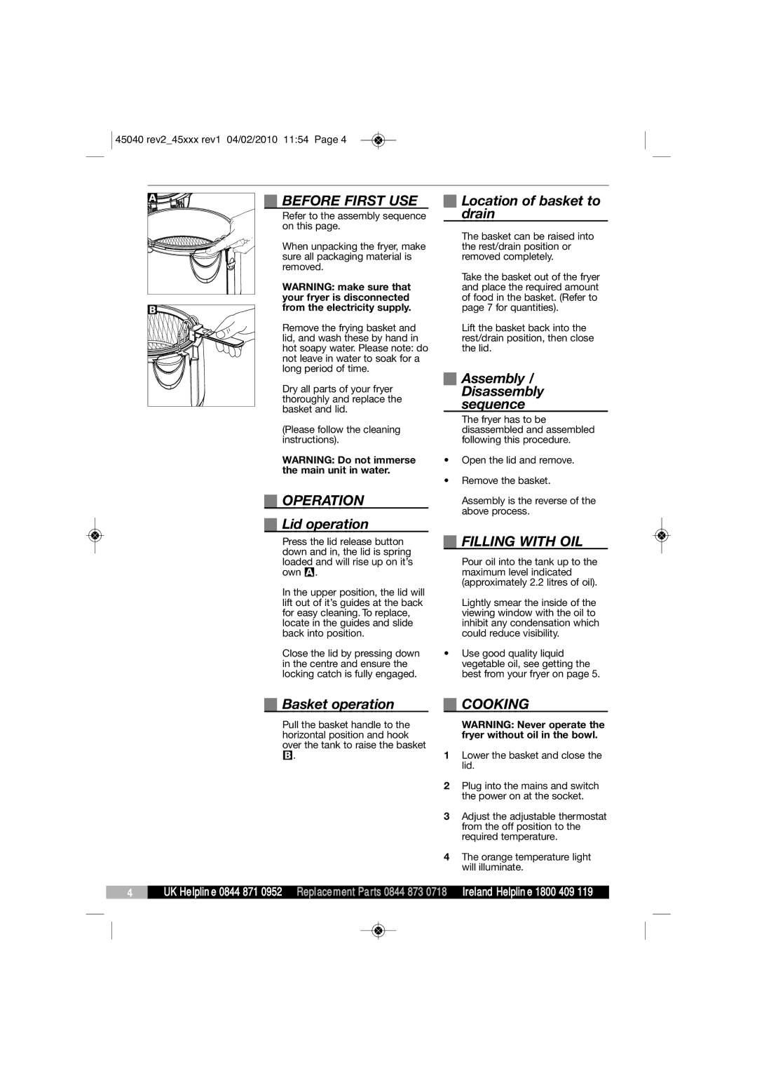 Morphy Richards DF45040 manual Before First USE, Operation, Filling with OIL, Cooking 