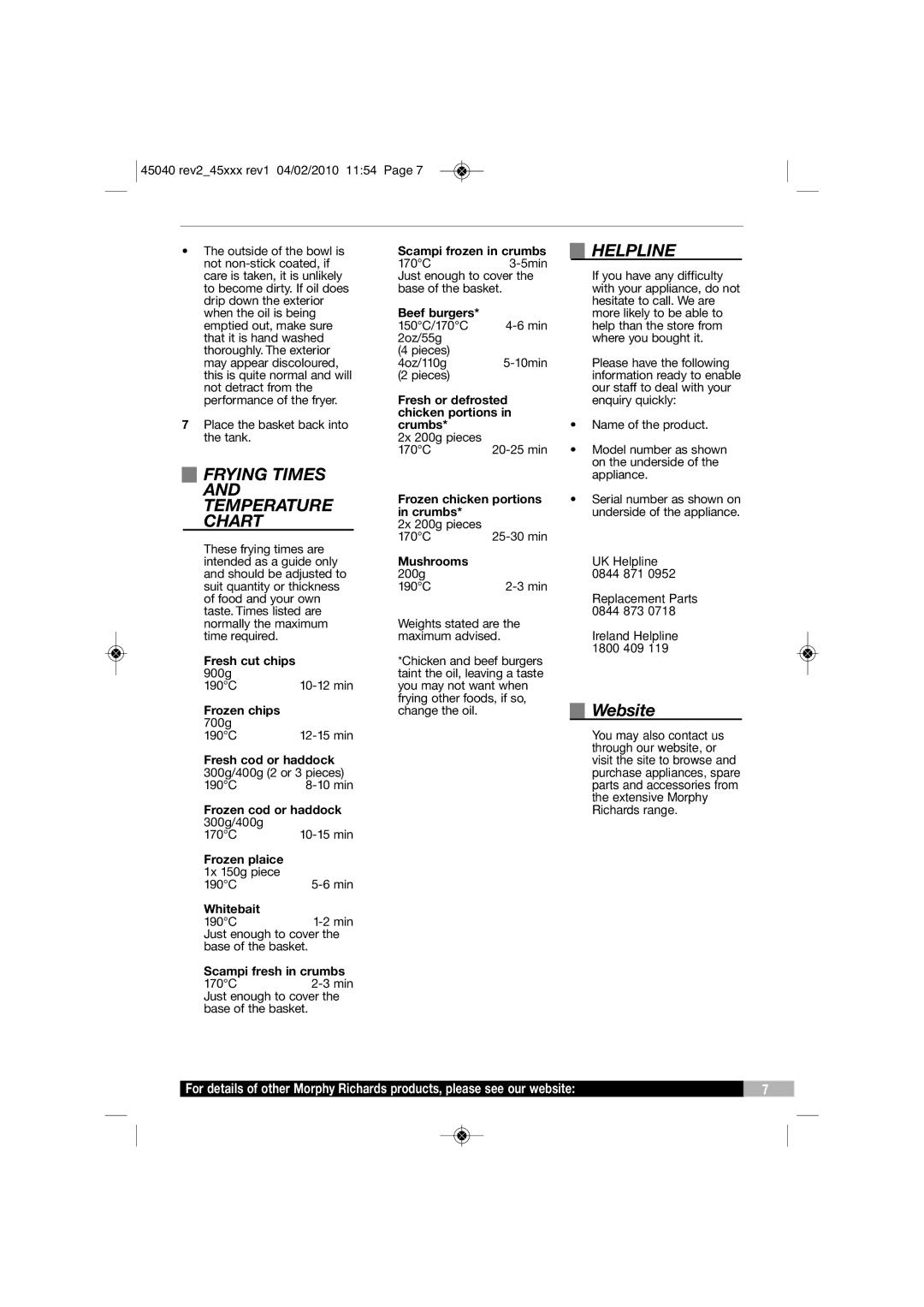 Morphy Richards DF45040 manual Frying Times and Temperature Chart, Helpline, Website 