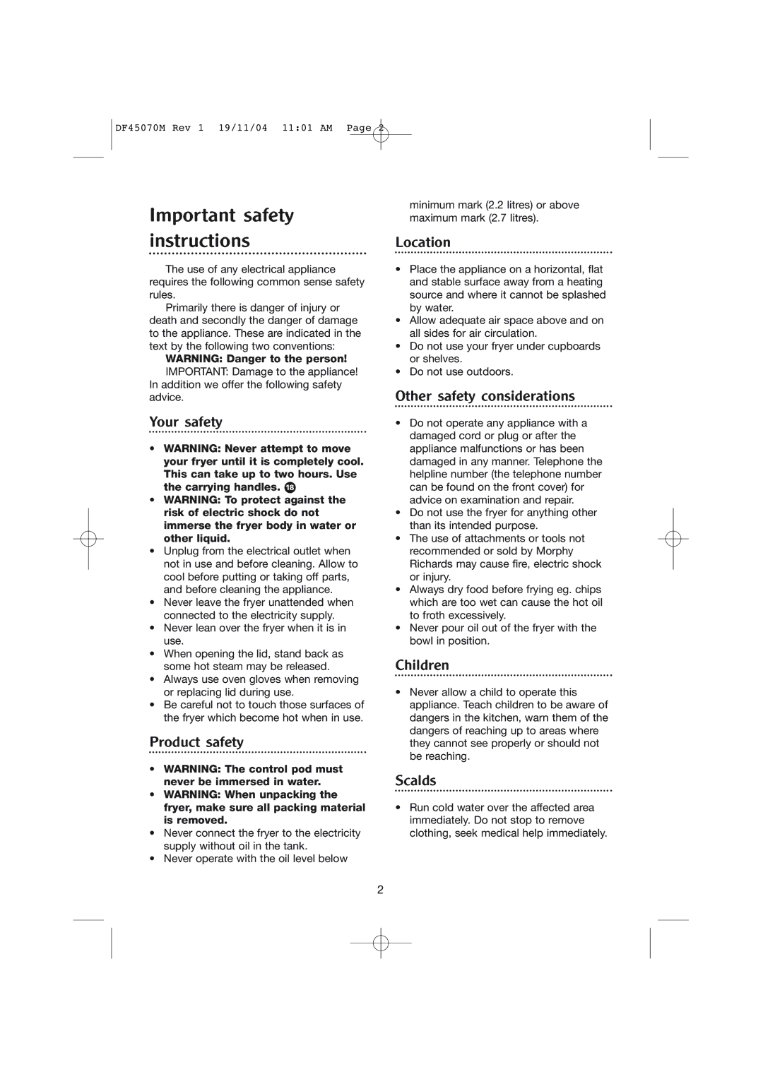 Morphy Richards DF45070M manual Important safety instructions 