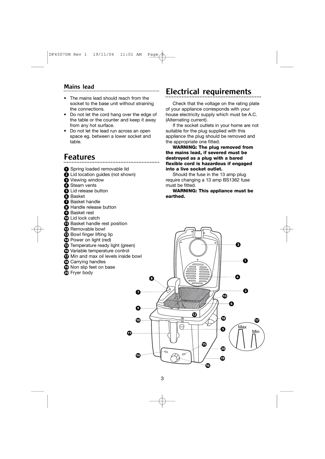 Morphy Richards DF45070M manual Features, Electrical requirements, Mains lead 