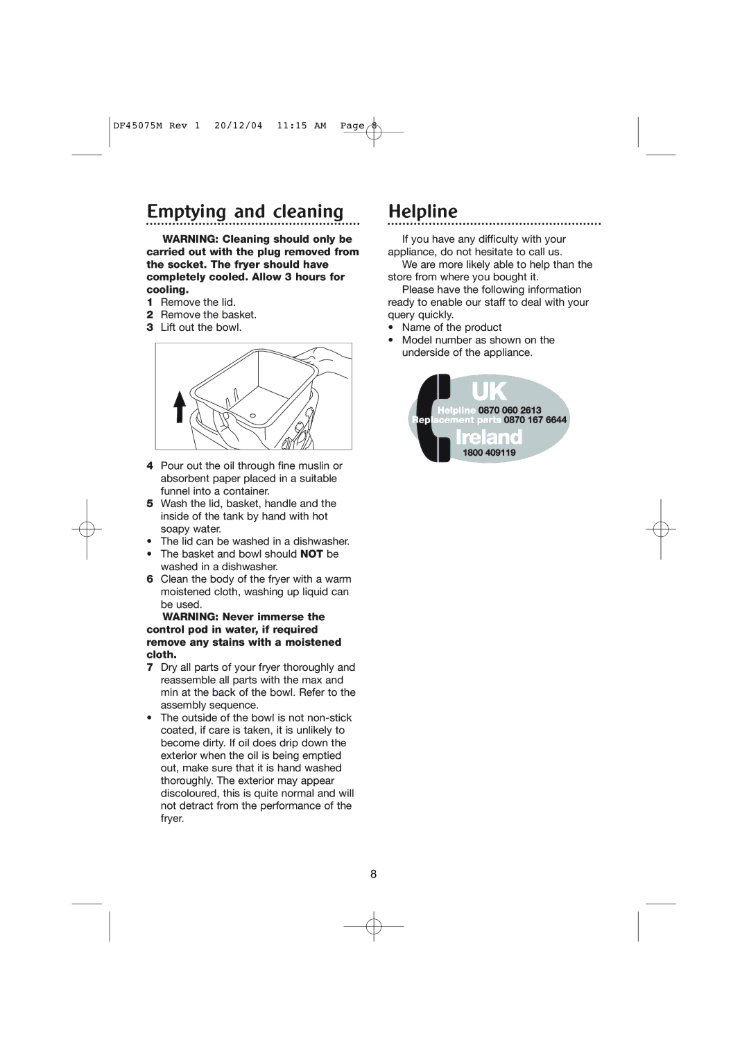 Morphy Richards DF45075M manual Emptying and cleaning, Helpline 