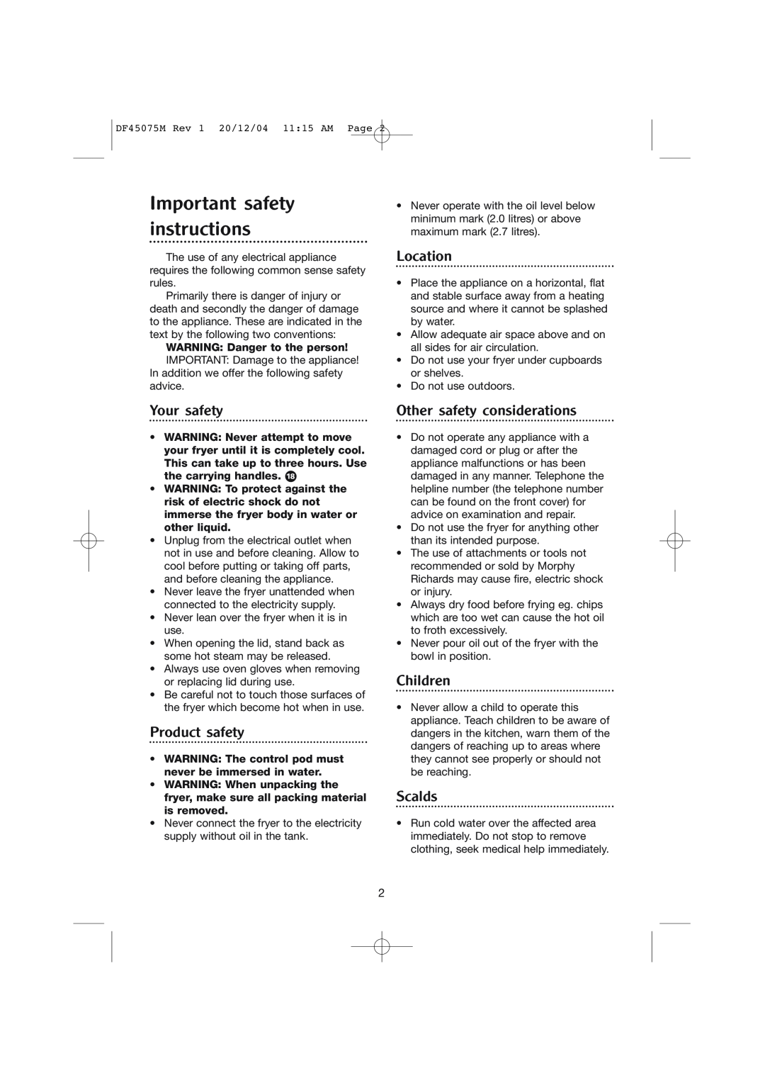 Morphy Richards DF45075M Important safety instructions, Your safety, Product safety, Location, Other safety considerations 