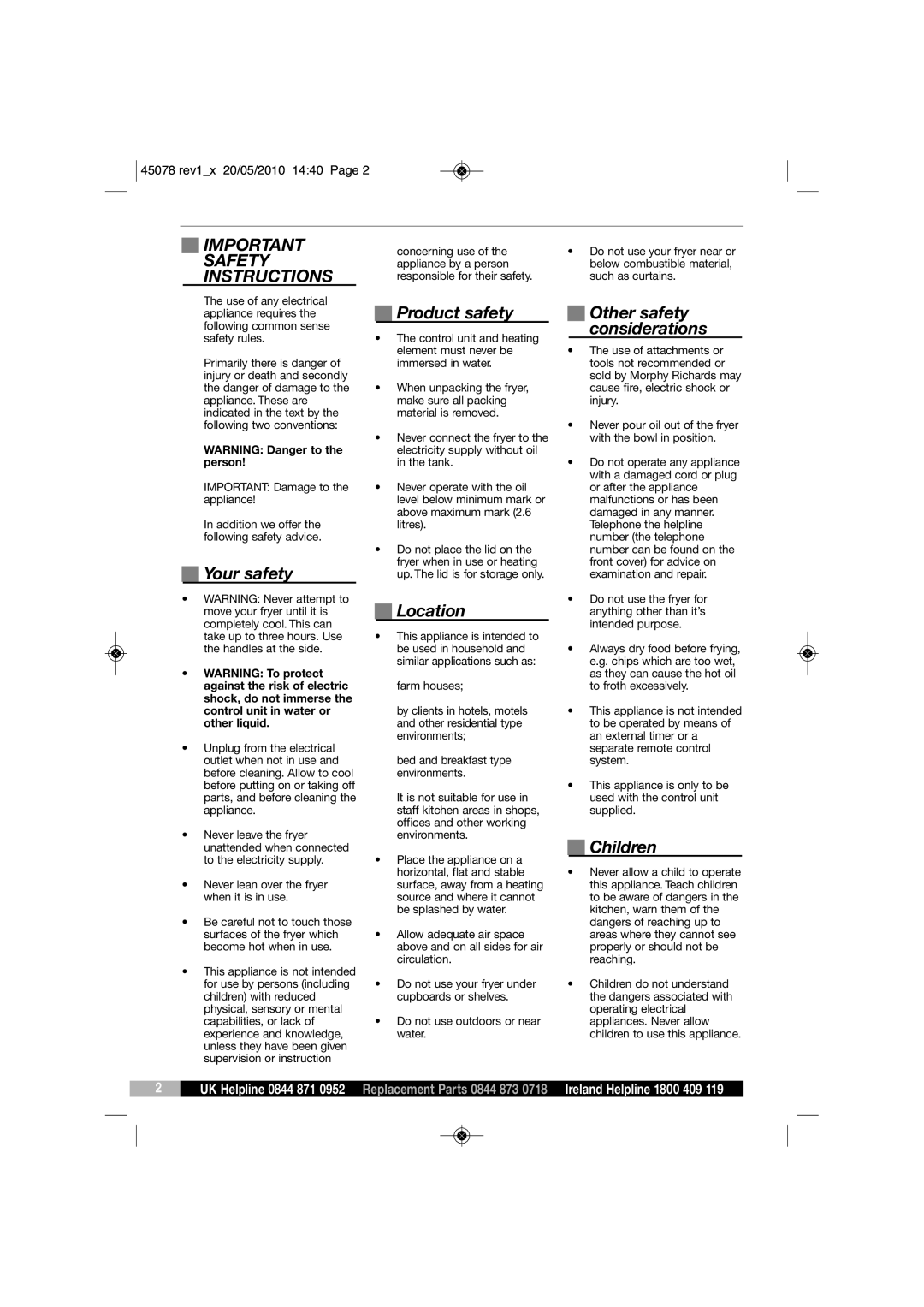 Morphy Richards DF45078 manual Safety, Instructions 