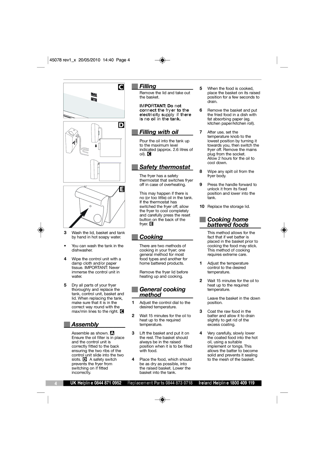 Morphy Richards DF45078 Filling with oil, Safety thermostat, Cooking home, Battered foods, Assembly, General cooking 