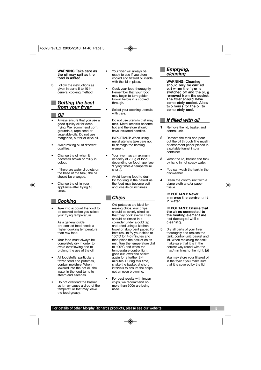 Morphy Richards DF45078 manual Emptying, Cleaning, Getting the best, From your fryer, Oil, If filled with oil, Chips 