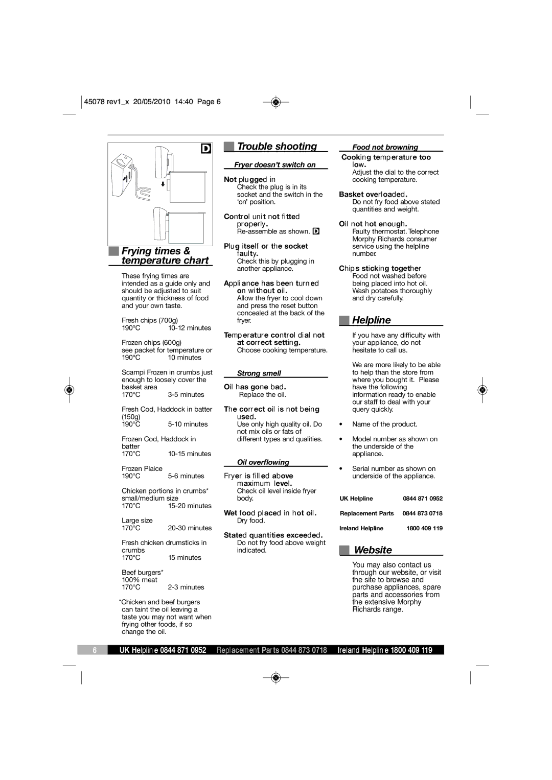 Morphy Richards DF45078 manual Frying times & temperature chart, Trouble shooting, Helpline, Website 