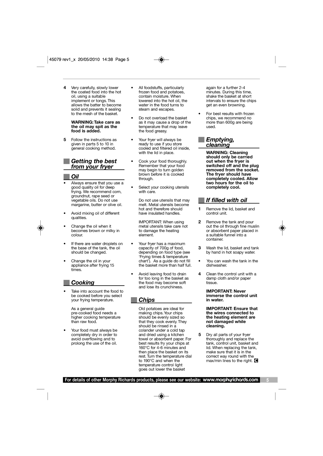Morphy Richards DF45079 Emptying, Cleaning, Getting the best, From your fryer, Oil, If filled with oil, Cooking, Chips 