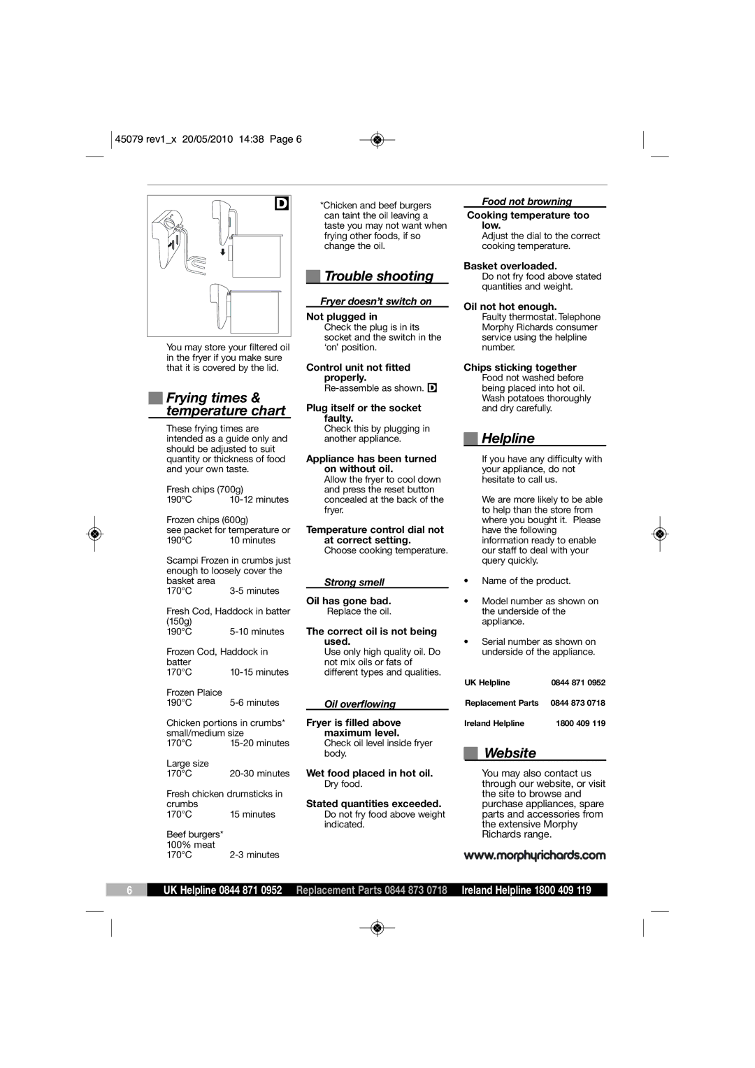 Morphy Richards DF45079 manual Trouble shooting, Frying times, Temperature chart, Helpline, Website 