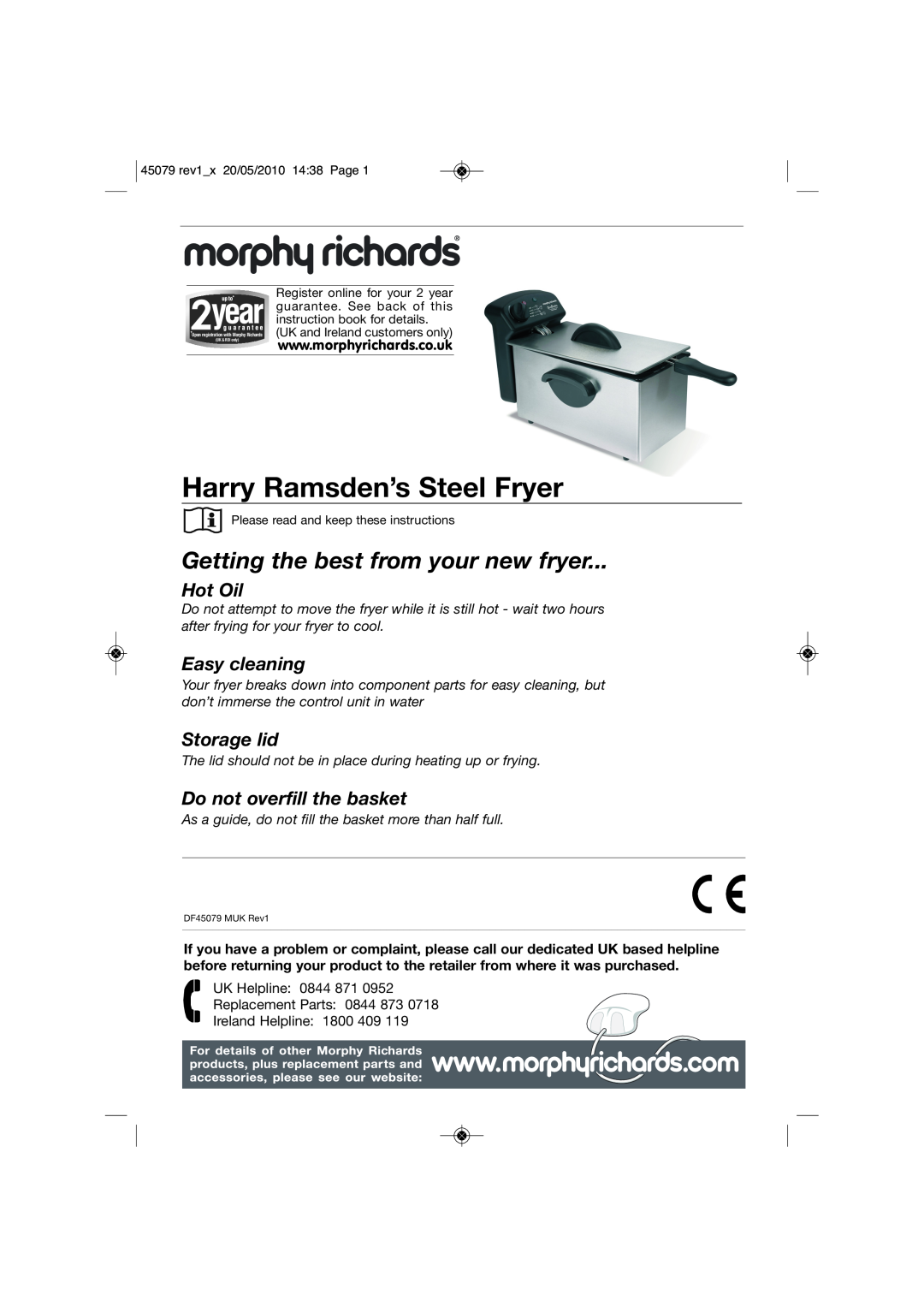 Morphy Richards DF45079 manual Harry Ramsden’s Steel Fryer, Getting the best from your new fryer, Hot Oil, Easy cleaning 