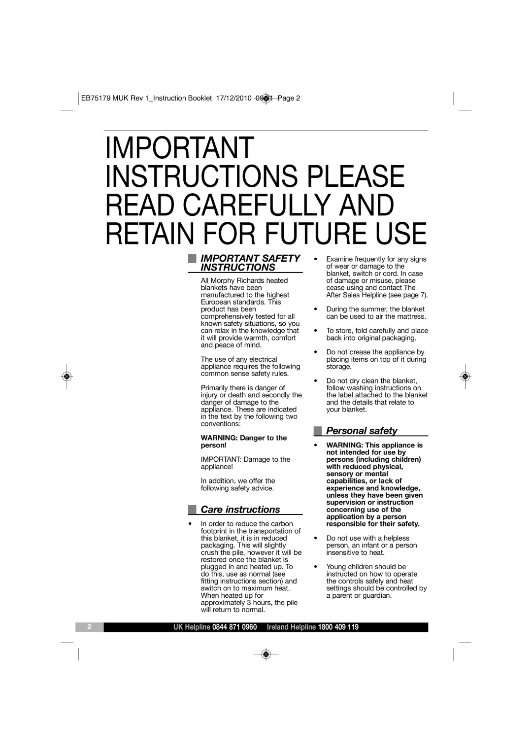 Morphy Richards EB75179 manual Important Safety Instructions, Care instructions, Personal safety 