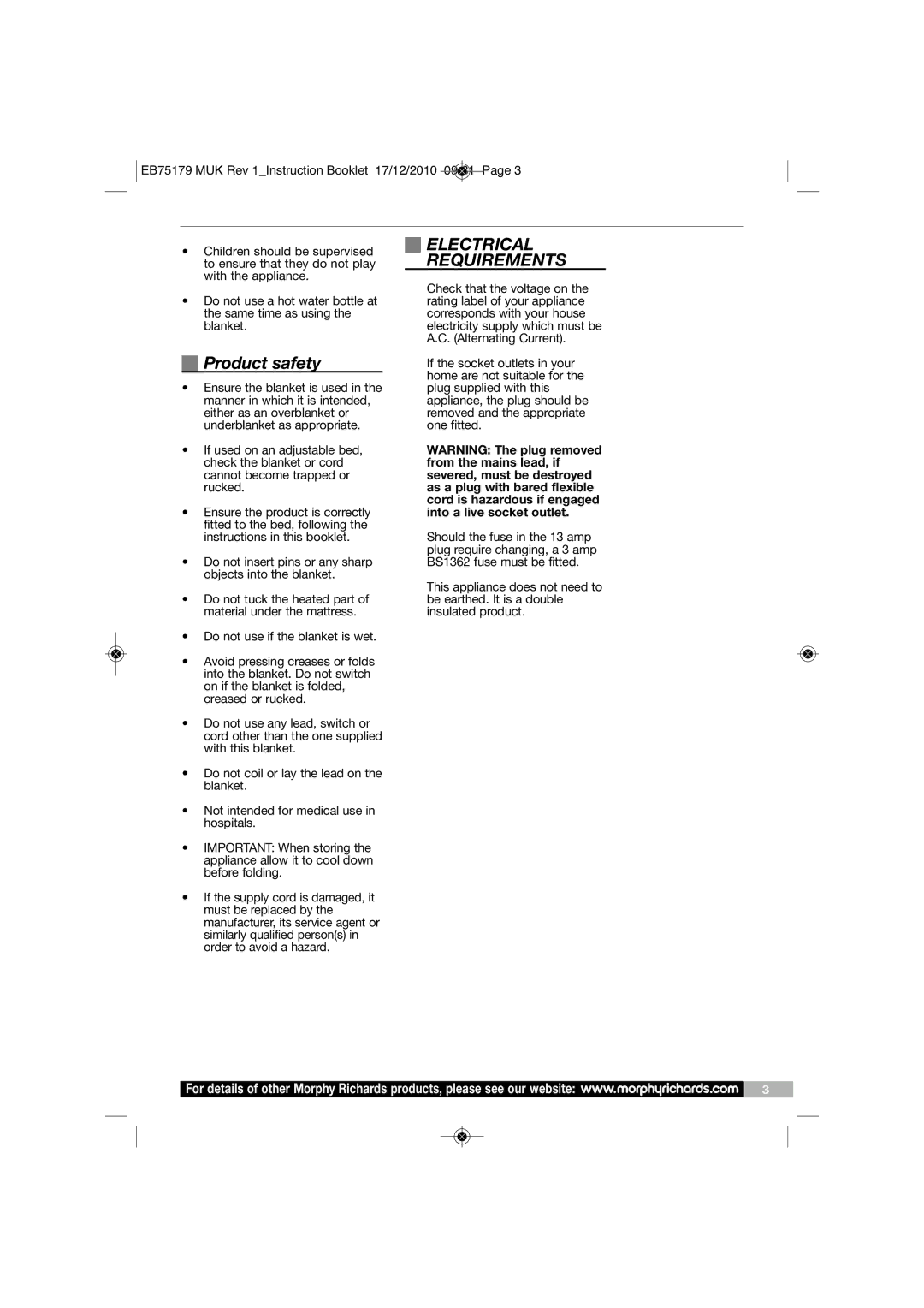 Morphy Richards EB75179 manual Product safety, Electrical Requirements 