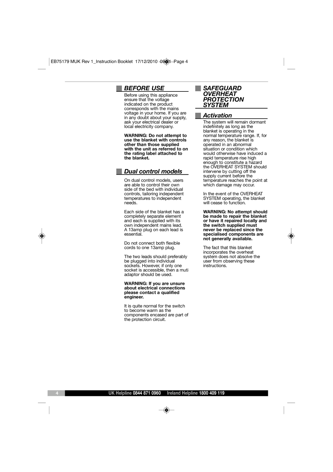 Morphy Richards EB75179 manual Before USE, Dual control models, Safeguard Overheat Protection System, Activation 