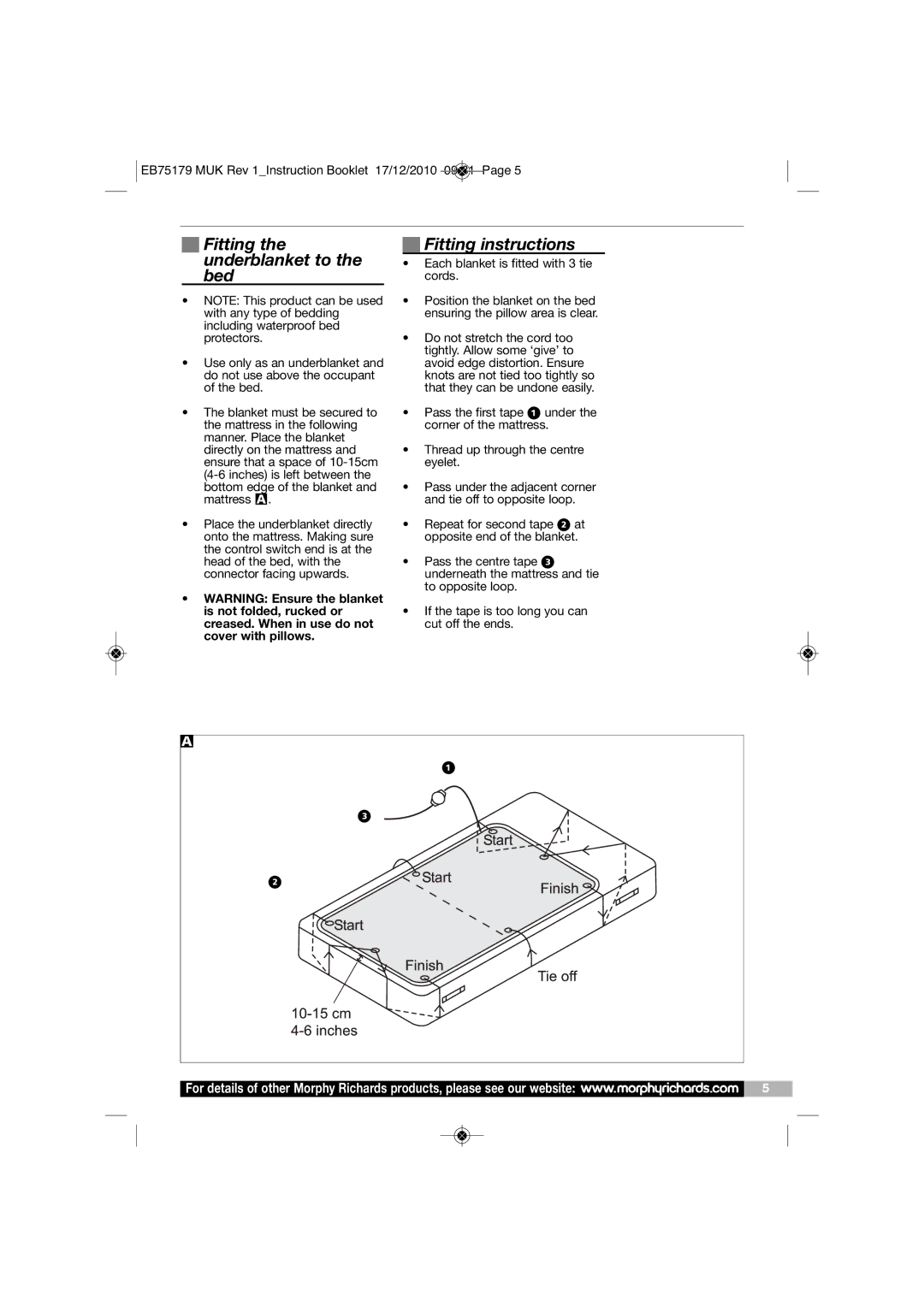 Morphy Richards EB75179 manual Fitting the underblanket to the bed, Fitting instructions 