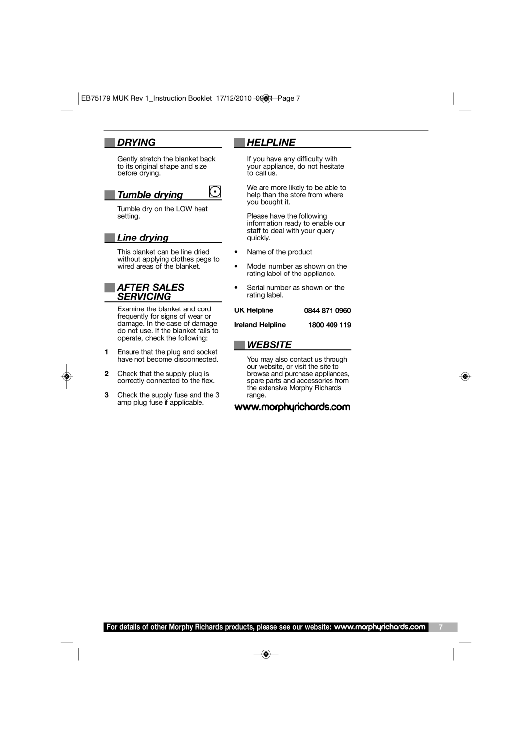 Morphy Richards EB75179 manual Dryinghelpline, Tumble drying, Line drying, After Sales Servicing, Website 