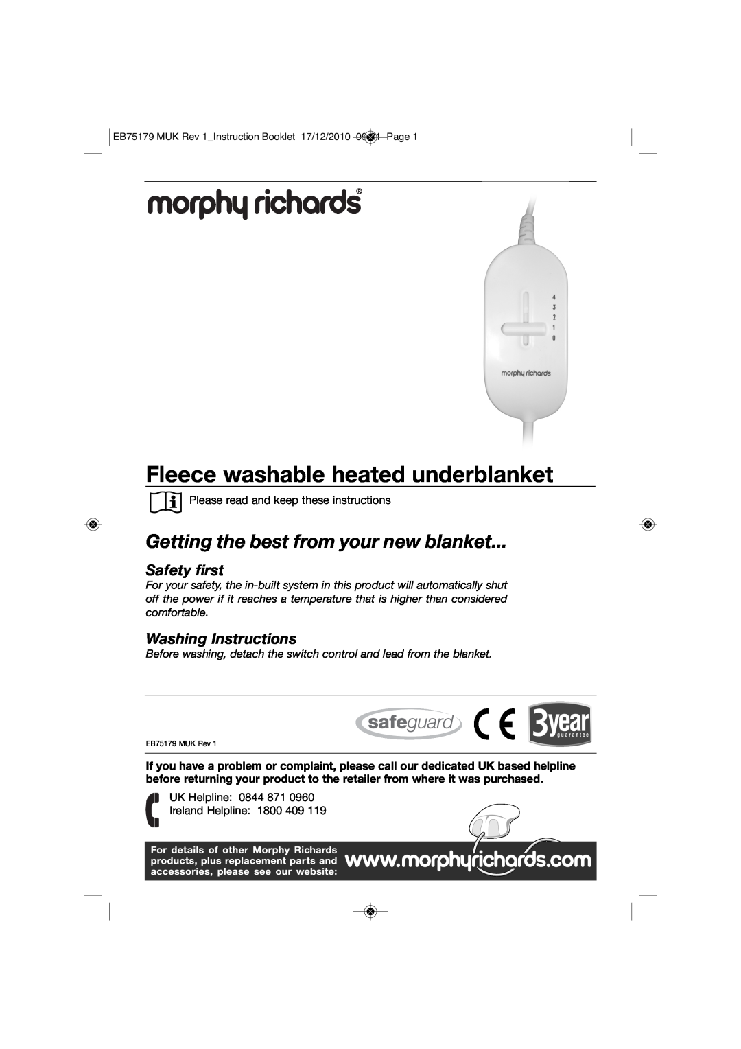Morphy Richards EB75179 manual Fleece washable heated underblanket, Getting the best from your new blanket, Safety first 