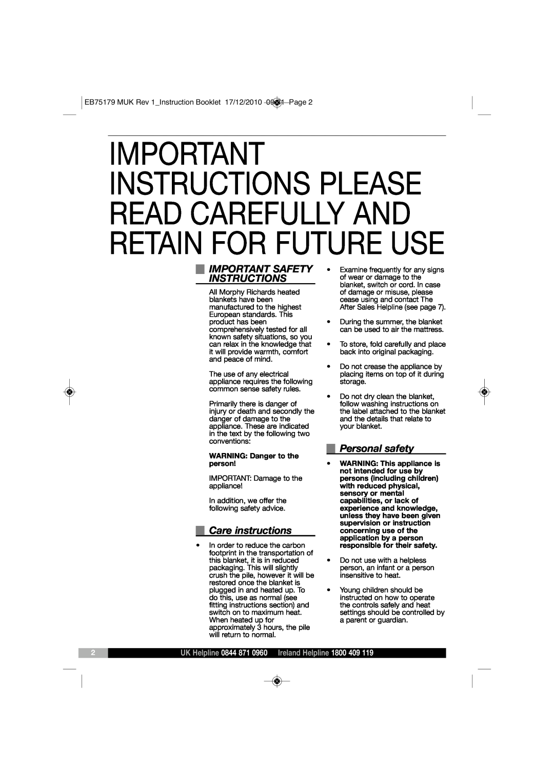 Morphy Richards EB75179 manual Important Safety Instructions, Care instructions, Personal safety 