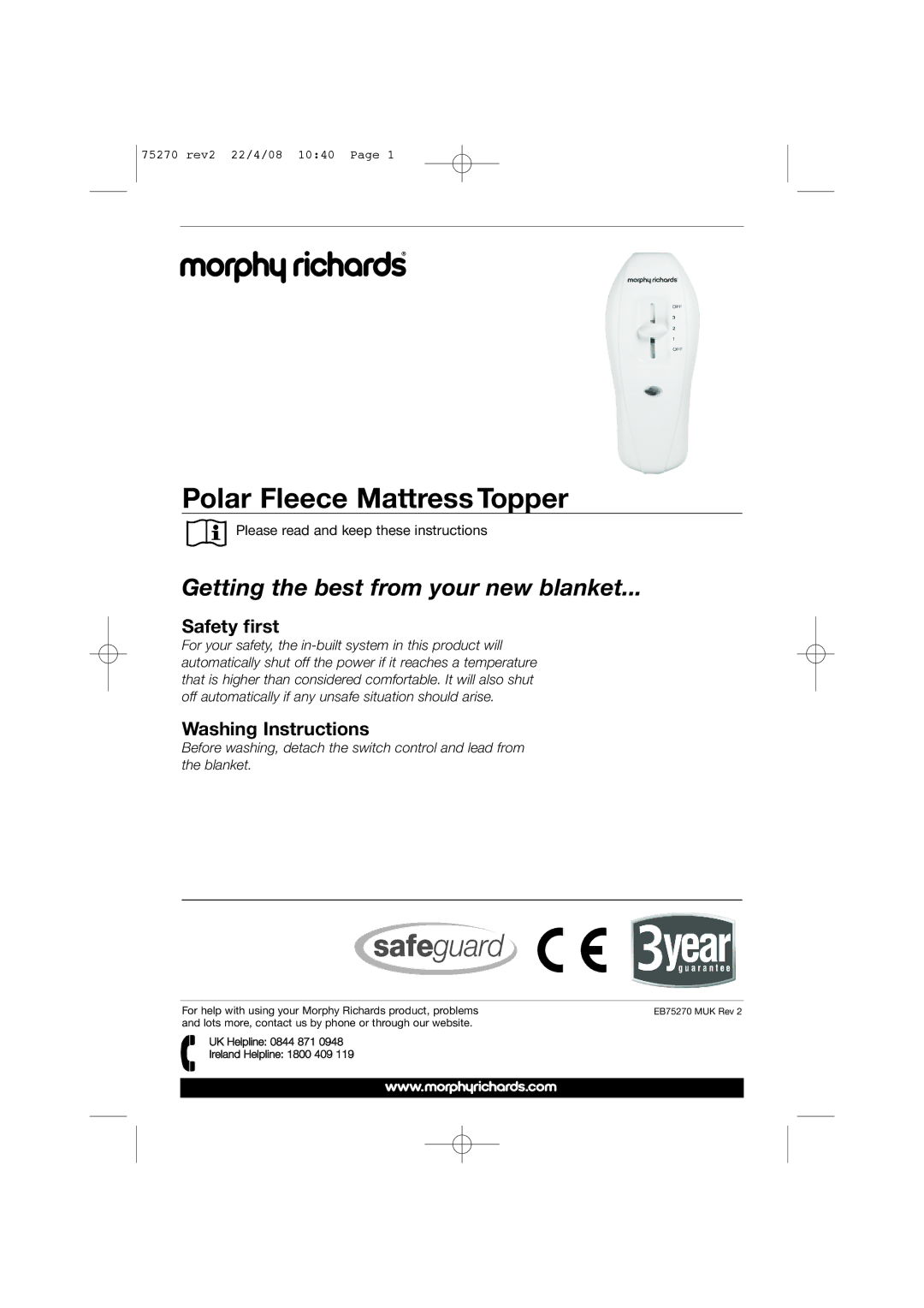 Morphy Richards EB75270 manual Polar Fleece Mattress Topper 