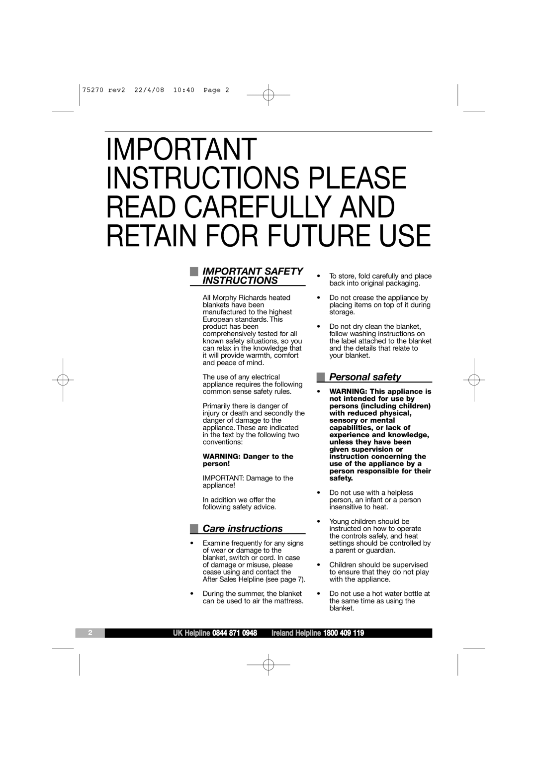 Morphy Richards EB75270 manual Important Safety Instructions, Care instructions, Personal safety 