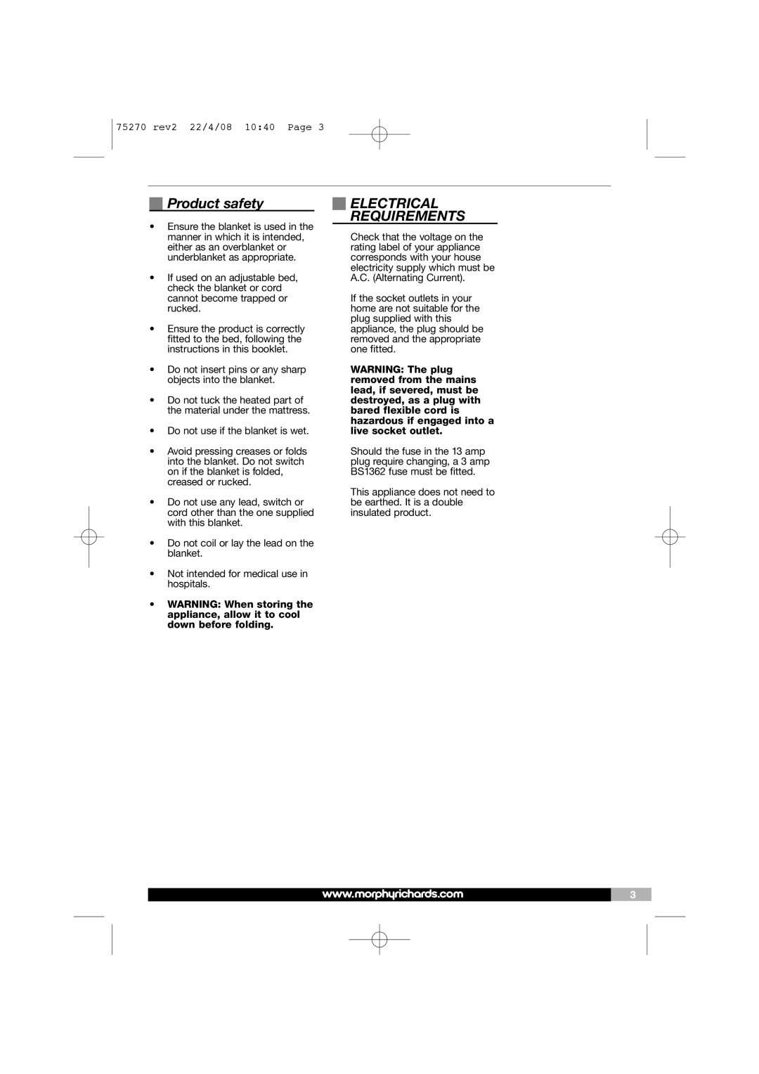 Morphy Richards EB75270 manual Product safety, Electrical Requirements 